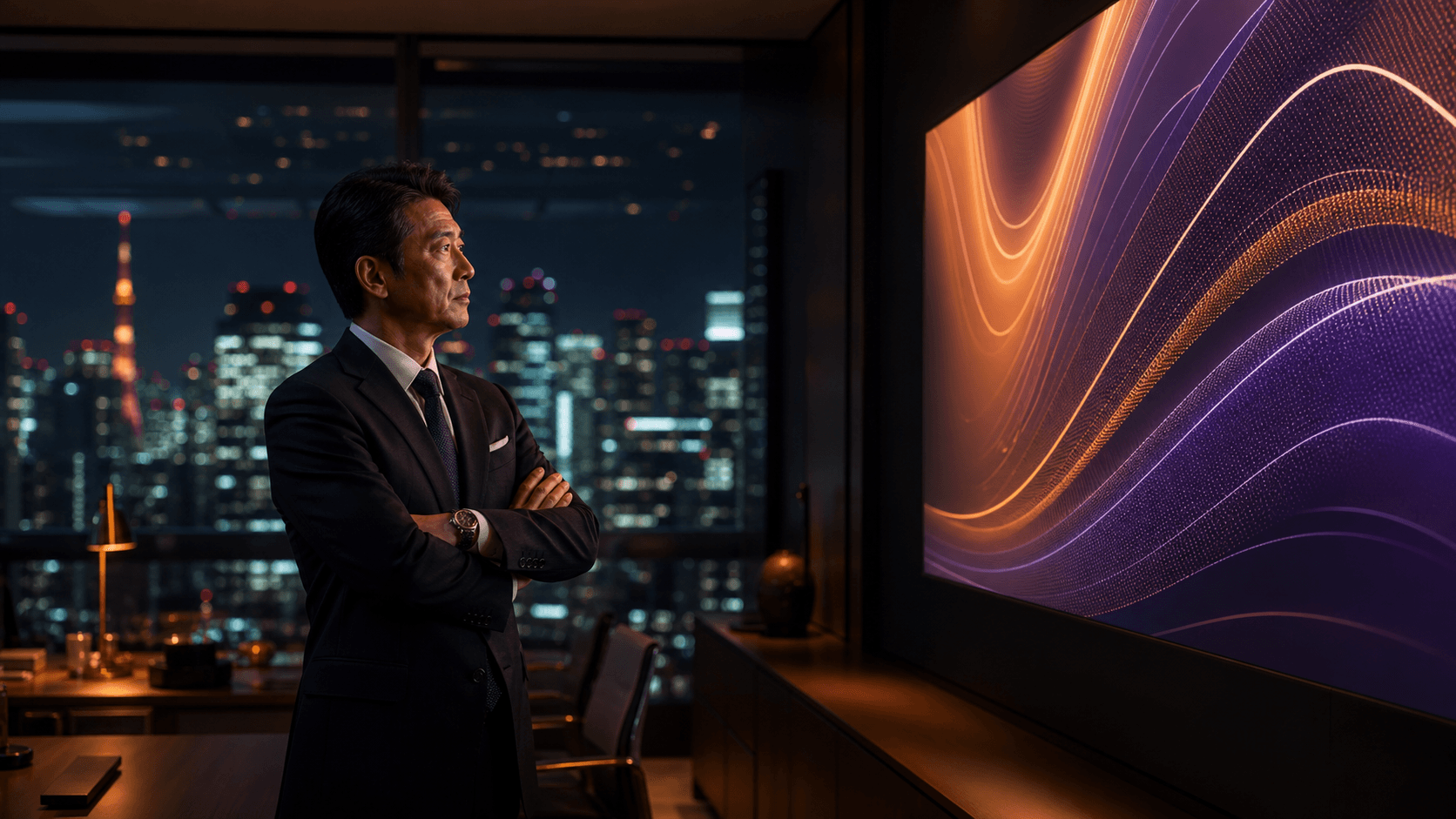 夜のオフィスでデータを確認する経営者